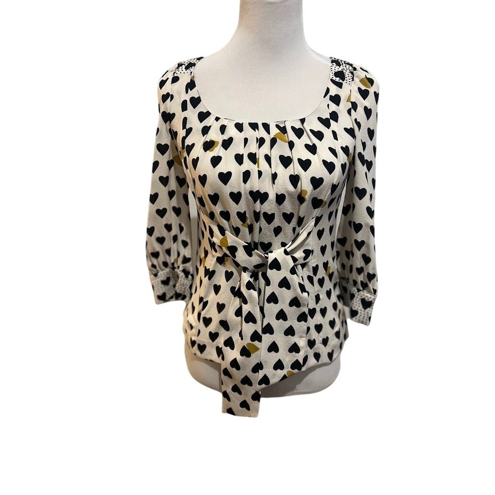Leifsdottir Womens Heart Print Square Neck Tie Front 3/4 Sleeve Blouse‎ White 0